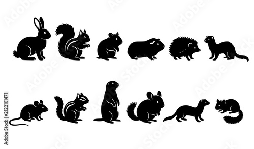 Fotografie Small Mammal Animal Silhouette Icon Set, Rabbit Squirrel Chipmunk Hedgehog Wease