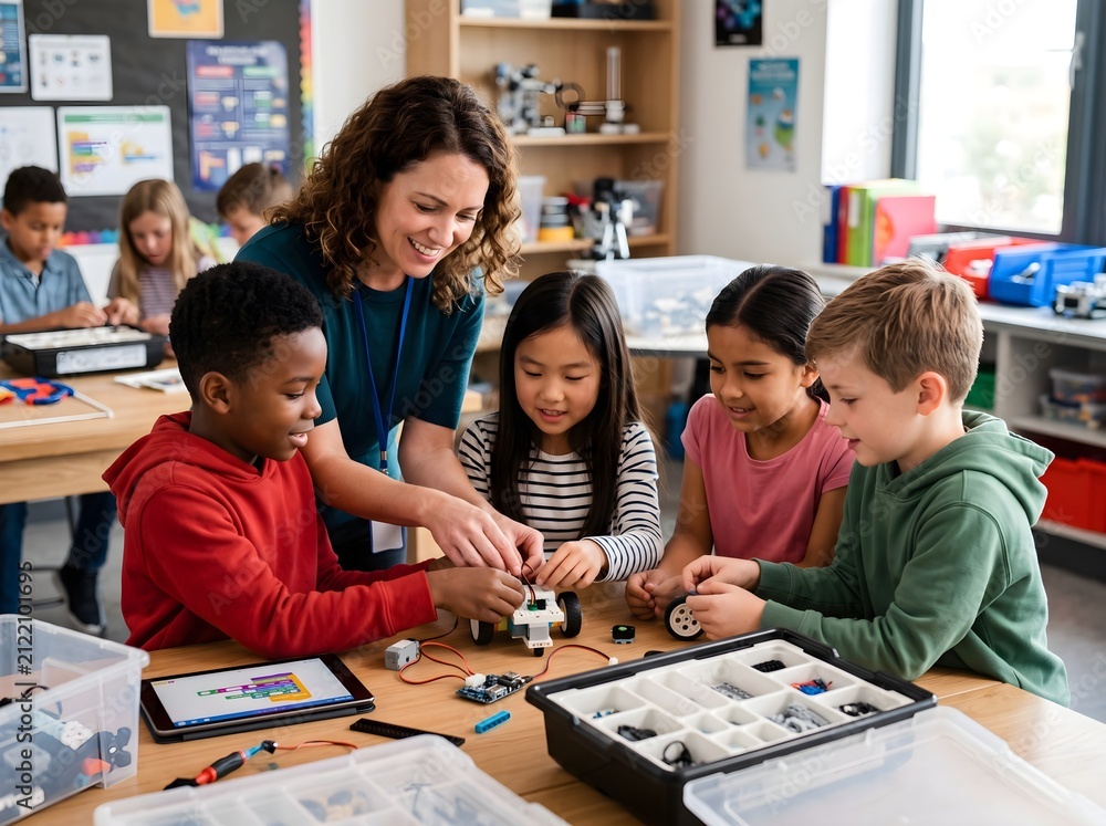 Obraz premium Friendly Female Teacher Guiding Diverse Young Students Working Together On Educational Robotics Engineering Projects In A Modern Classroom Setting