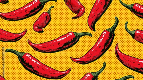 Ripe red chili peppers are arranged in a repeating pattern against a vibrant yellow background with halftone dots.