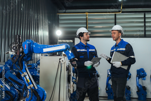 Robotic system integrators inspect customized welding robotic arm in warehouse, supporting robotics system integration, verifying robot programming, calibration, before customer delivery.