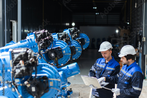 B2B engineering service team inspects refurbished industrial robot arms in warehouse, validating smart manufacturing setup, automation software, precision, reliability, quality before delivery.