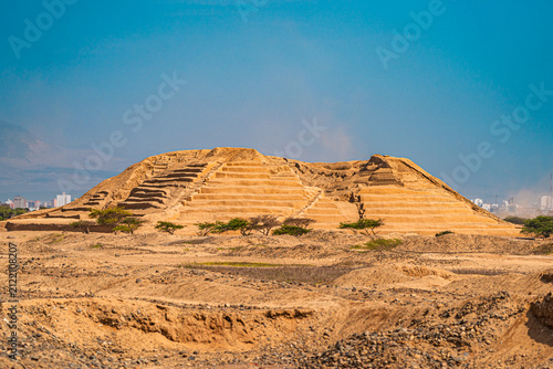Ancient adobe pyramid at Chan Chan archaeological site in Peru