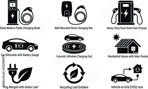 Electric vehicle ev charging options and sustainable energy infographic icons