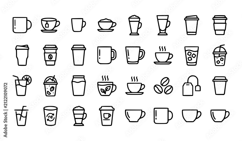 Fototapeta premium Editable Cup and Beverage Line Icon Pack with Coffee Tea Mug and Café Symbols Vector