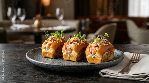 Three gourmet savory mini cakes with tuna and fresh herbs on a dark ceramic plate in a restaurant. lobster roll sliders