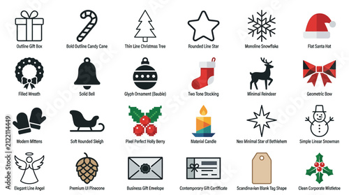 Christmas Holiday Icon Set with Tree Gift Hat Cake Travel Beach Star Food and Seasonal Vector Symbols Collection