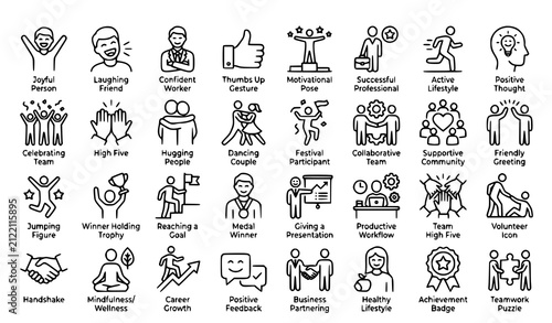 Business partnership and teamwork line icon set for professional collaboration leadership and company growth