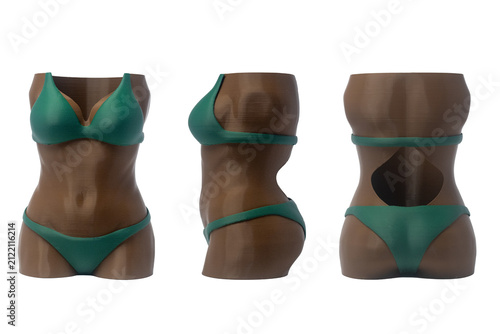 3D printed brown female torso vase in green bikini, modern decorative plant pot and holder