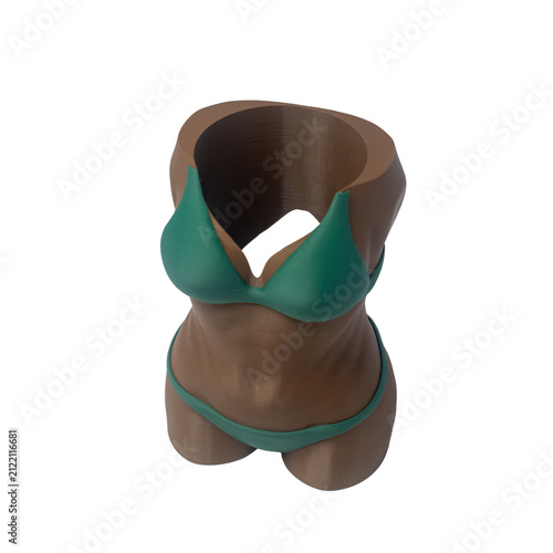 3D printed brown female torso vase in green bikini, modern decorative plant pot and holder
