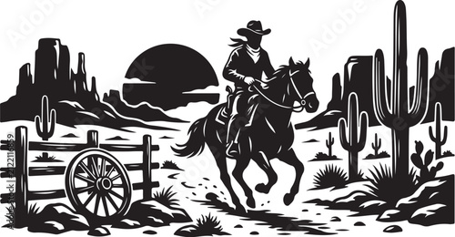 Fotografie Vintage cowboy riding horse in desert landscape, black and white western silhoue