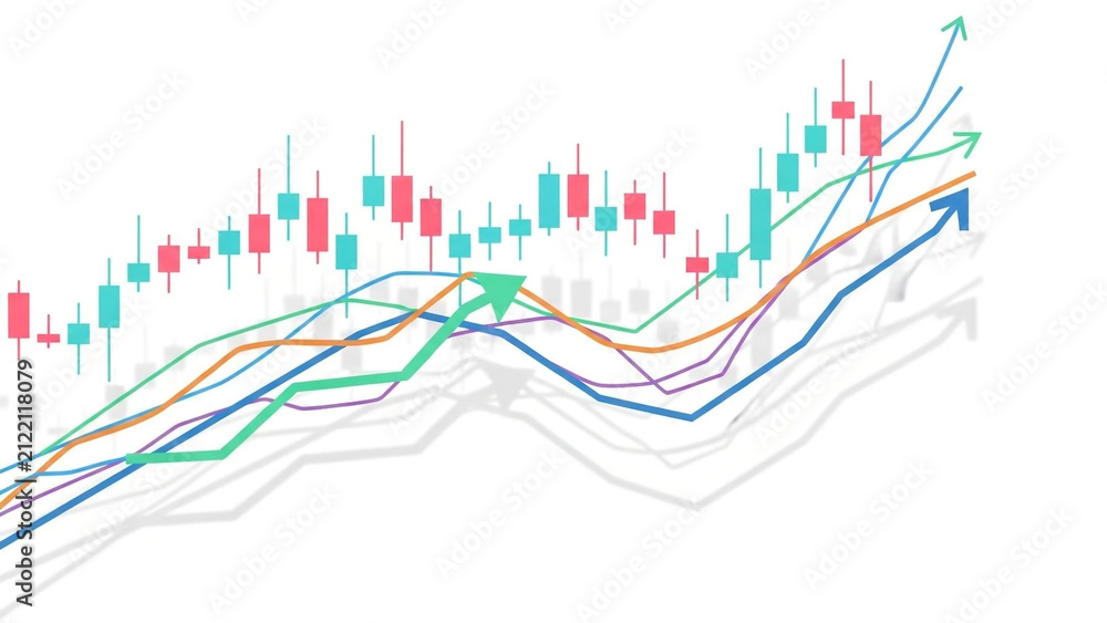 Obraz premium Stock market graph showing rising trends with colorful lines and arrows indicating growth and investment opportunities in financial markets