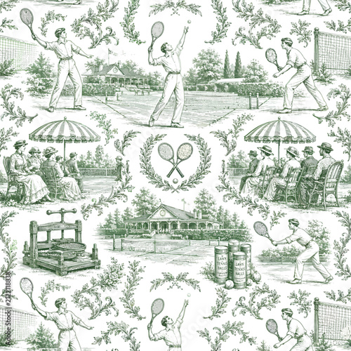 Green toile de jouy of vintage lawn tennis with Victorian players serving, spectators under parasols and a clubhouse in classic sporting engraving style.