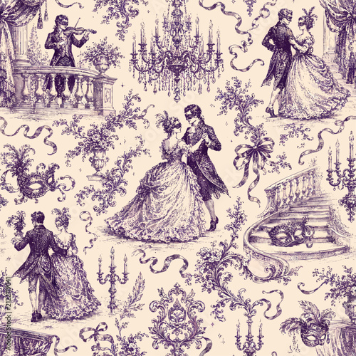 Elegant violet toile de jouy of a Venetian masquerade ball with dancing couples, masks, chandeliers and a violinist in classic French engraving style.