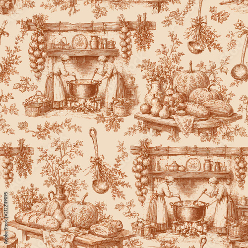 Rustic terracotta toile de jouy of a country harvest kitchen with women cooking over a hearth, pumpkins, bread and hanging herbs in vintage engraving style.