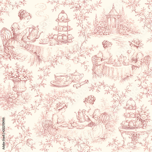Elegant red toile de jouy of a Victorian afternoon tea party with ladies, teapots, cake stands and floral garden trellises in classic French engraving.