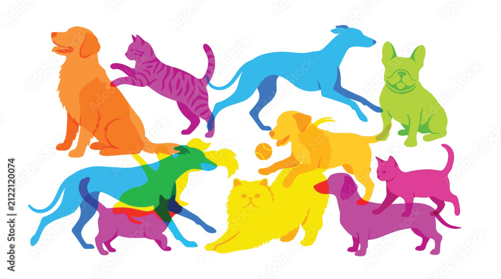 Obraz premium Colorful silhouettes of pets. Group of dogs and cats in vibrant neon colors.