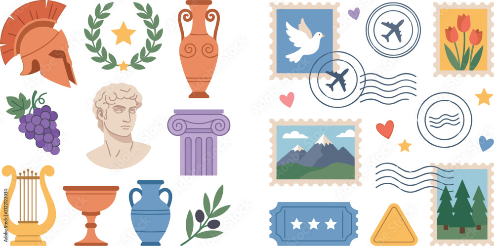 Fototapeta premium Ancient Greece Culture and Travel Postage Stamp Element Set Featuring Spartan Helmet Laurel Wreath Marble Bust Column Amphora and Postmarks Vector Illustration