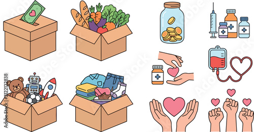 Charity and Donation Icon Set Featuring Cardboard Boxes for Food Toys Clothes Money Blood Drive Medical Care and Voluntarism Graphic Elements