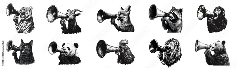Obraz premium Animals with megaphones, vintage illustration, png set on transparent background