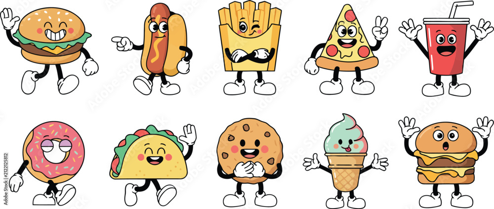 Obraz premium Set of cute cartoon fast food characters including burger hot dog fries pizza taco and ice cream