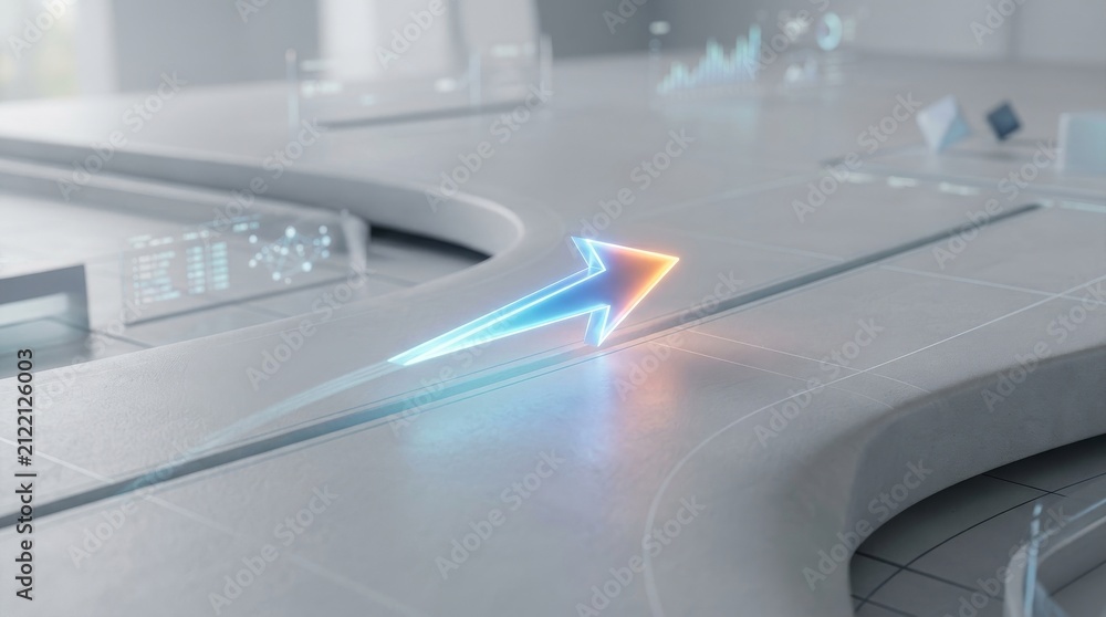 Obraz premium Optimizing Business Performance Through Strategic Positioning, Futuristic digital interface with a glowing arrow and holographic data displays on a clean, modern surface, symbolizi...