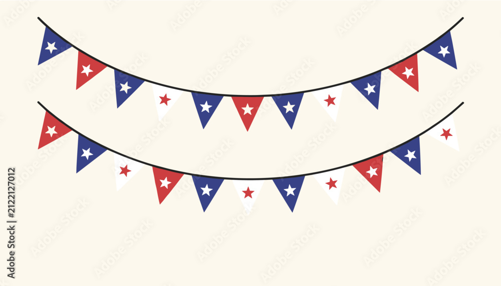 Fototapeta premium Hanging patriotic bunting garland flag banner with red, white, and blue stars for american holiday celebration.