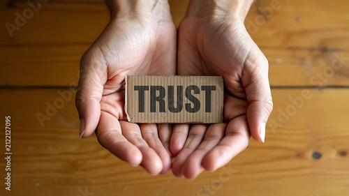 Hands holding wooden trust block representing confidence honesty and business reliability