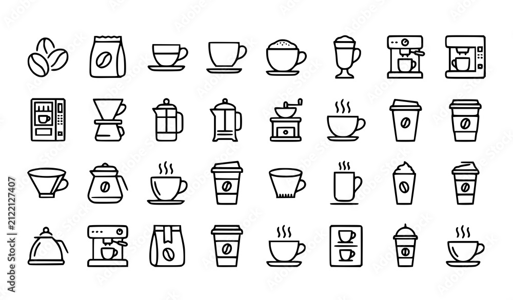 Fototapeta premium Comprehensive Coffee Shop and Cafe Line Icon Set Featuring Espresso Machine Coffee Beans Grinder French Press Takeaway Paper Cups Mugs and Barista Brewing Equipment
