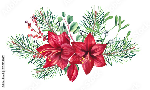 Christmas bouquet with leaves and flowers. Amaryllis, holly, pine needles, amelia, and poinsettia are isolated elements of the set. Watercolor Christmas plants for luxurious holiday 