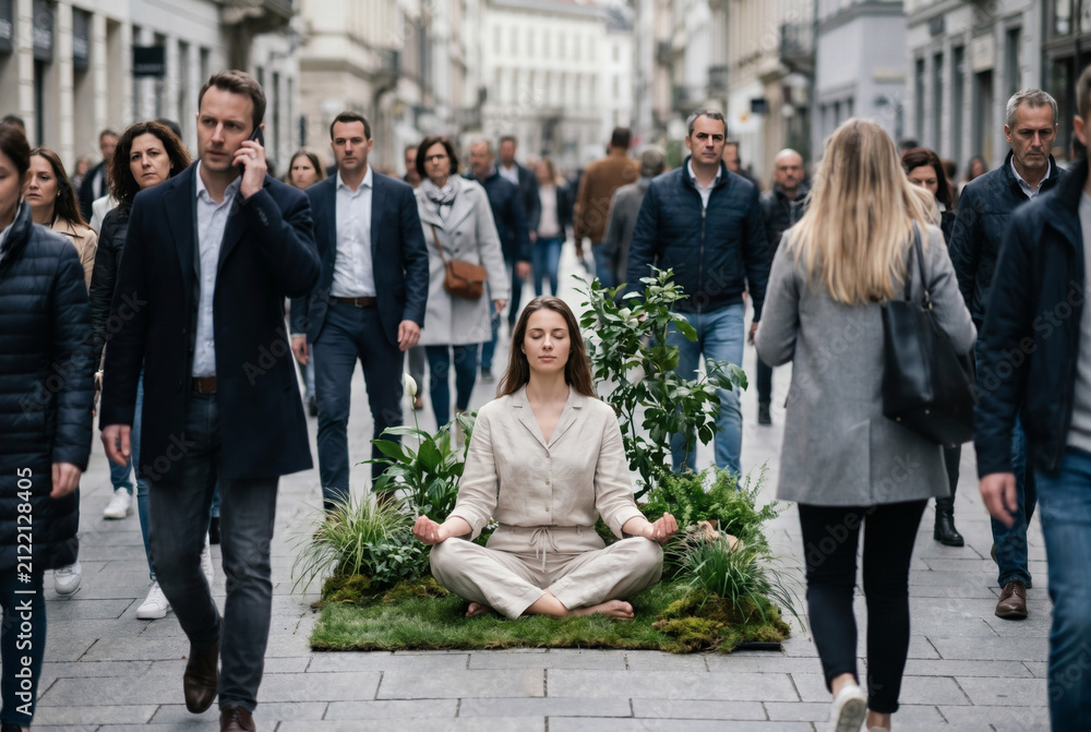 Fototapeta premium Woman Finding Inner Harmony and Peace in the Stress of a Busy City
