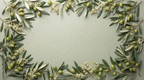 Ultra-realistic flat lay of fresh olive branches with green olives and delicate white olive blossoms forming an elegant botanical border around the edges of a soft light sage textured background, larg