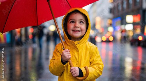 Enfant souriant sous un parapluie rouge dans une rue pluvieuse