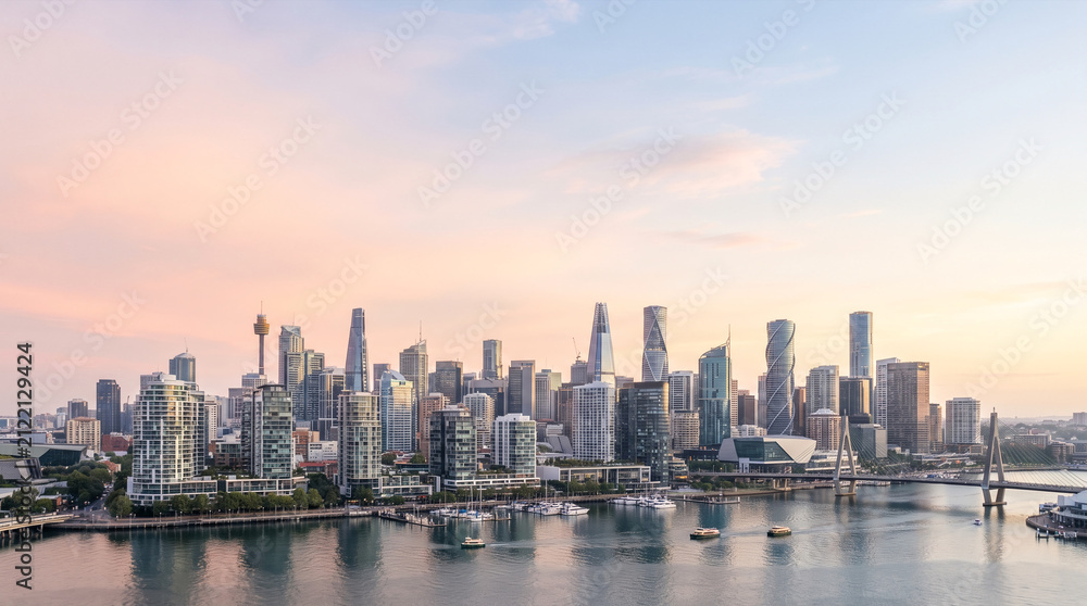 Obraz premium Modern city skyline with bridge and harbor at sunset