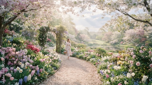 A young woman walks along a winding path through a vibrant garden filled with blooming flowers and blossoming trees.