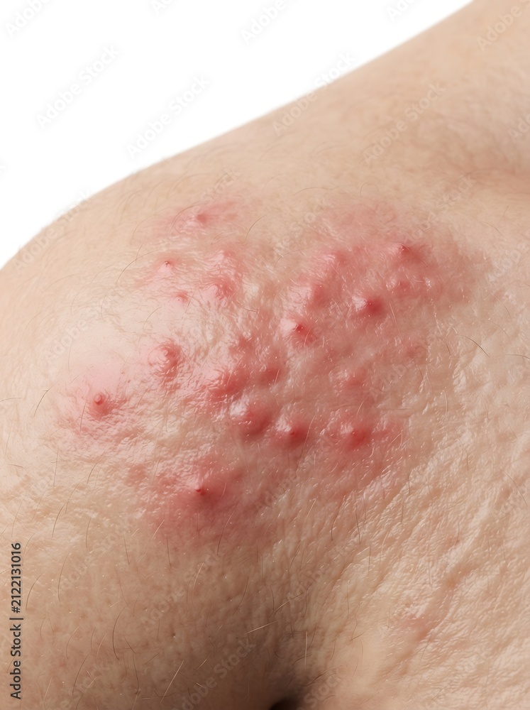 Fototapeta premium Close up of human skin with red rash and inflammation symptoms
