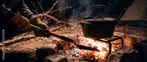 Person preparing food in heavy black cast iron pot over glowing charcoal embers at campsite during calm night under starry sky outdoors