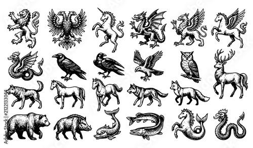 Obraz na plátně Medieval Heraldic Animal Engraving Collection Fantasy Coat of Arms Vector