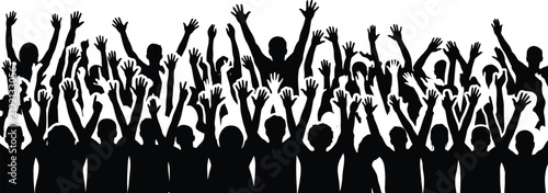 Large crowd silhouettes with hands raised in celebration on white background