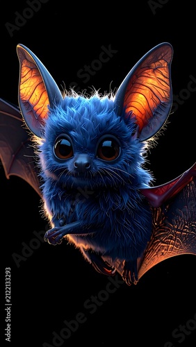 Cute Blue Furry Bat Flying Against Black Background