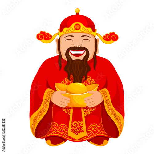Cartoon Chinese God of Wealth, smiling and holding gold ingot. Symbolizing prosperity, good fortune, and wealth. Celebration of Lunar New Year. Vector illustration