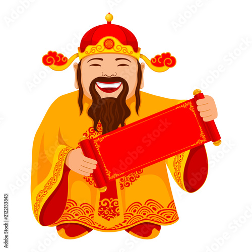 Cartoon Chinese God of Wealth, smiling and holding red paper scroll. Symbolizing prosperity, good fortune, and wealth. Celebration of Lunar New Year. Vector illustration