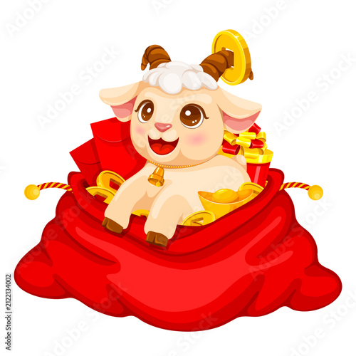 Chinese New Year 2027. Year of the Goat. Adorable cartoon baby goat in a red prosperity lucky bag filled with gold coins, red envelopes or hongbao, gifts for Lunar New Year. Vector illustration