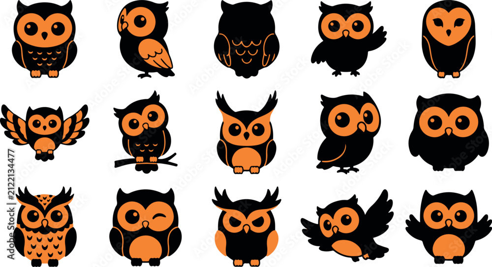 Fototapeta premium HALLOWEEN Halloween themed orange and black owl illustrations for spooky designs and decorations