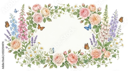 A delicate, oval-shaped floral border frames a blank space.