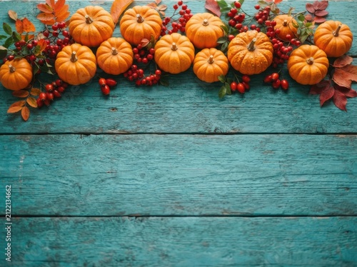 Festive thanksgiving background with orange pumpkins and autumn leaves on a rustic blue wooden table surface