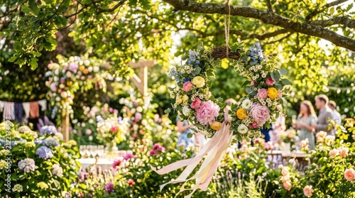 A vibrant floral wreath hangs from a tree branch in a lush garden setting.