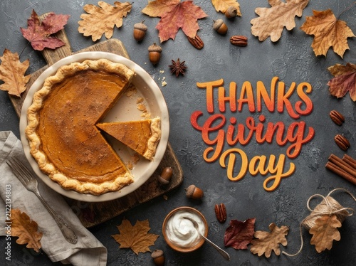 Top view of a delicious pumpkin pie with thanksgiving day text on a rustic wooden background
