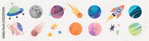 Colorful vector illustrations of planets, stars, and a rocket on a grid background.