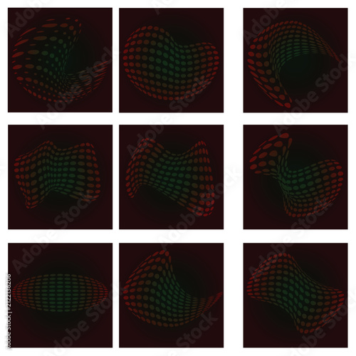 Abstract 3D Halftone Dot Grid Wave Shapes Set, Red Halftone Pattern Elements Collection