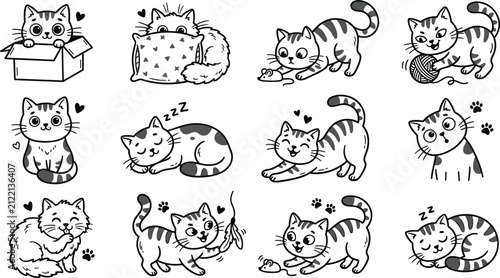 Obraz na płótnie Mega Cute Cartoon Tabby Cat Behavior Thin Line Art Clipart Grid Featuring Kawai